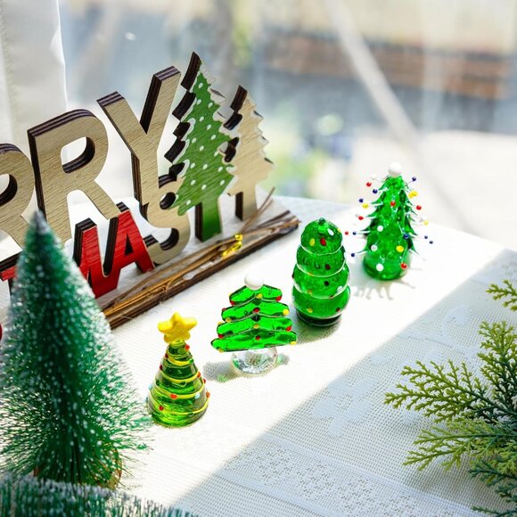 Set 4 Blown Glass Christmas Tree Figurine Art Glass Statue Holiday Decoration - Picture 5 of 8